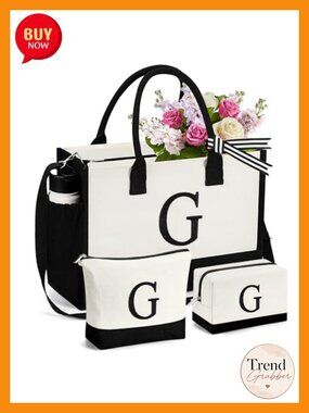 Canvas Tote Bag Set with 2 Makeup Bags Zipper Crossbody Detachable Strap